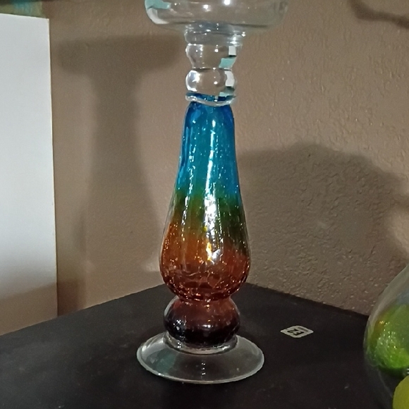 Vintage Aqua And Amber Blend Crackle Glass Pillar Candle Holder
